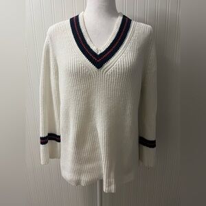 CAbi V-Neck Sweater - Cream with Navy and Red Stripes